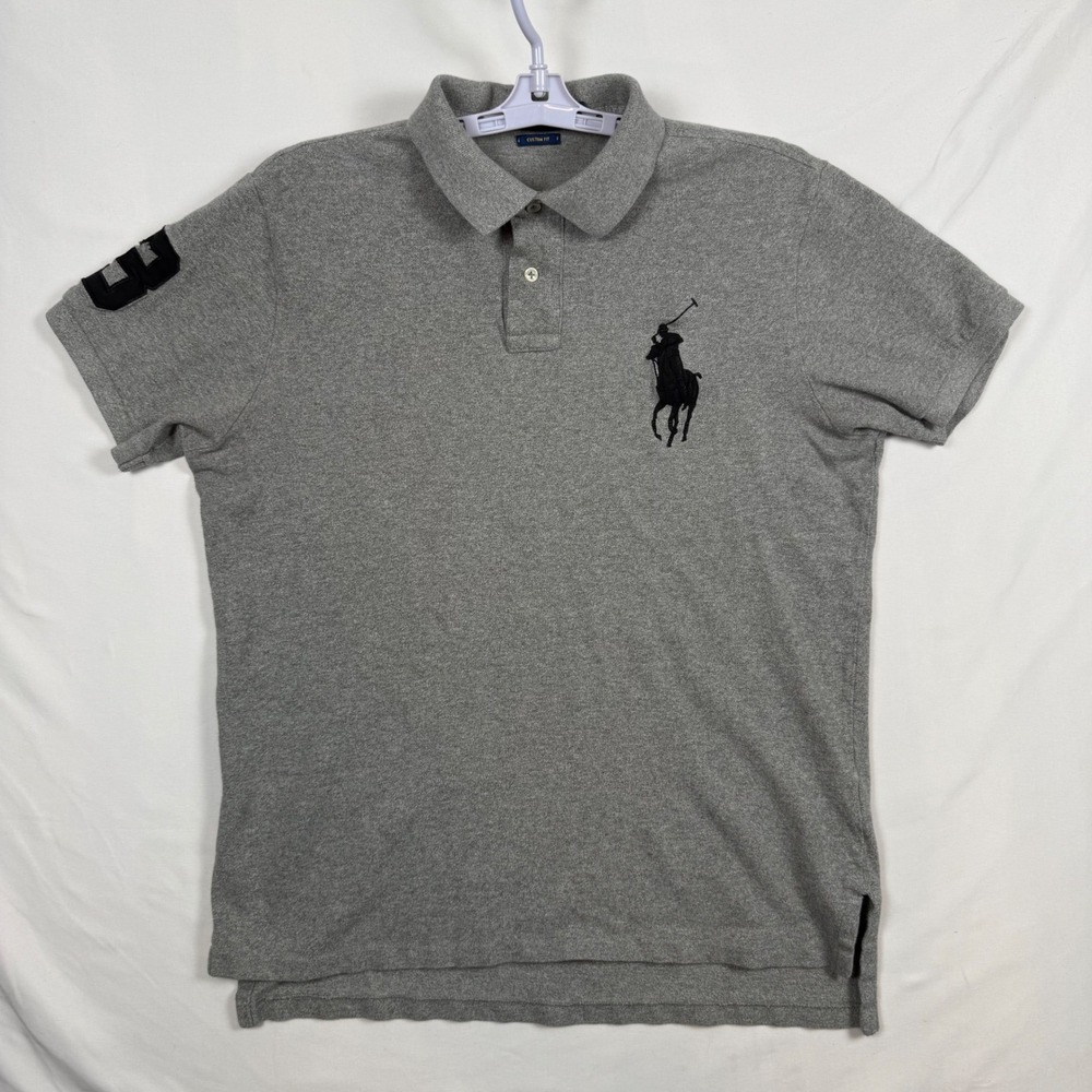Polo Ralph Lauren Mens Large Custom Fit Big Pony Polo Shirt Gray Black Logo 3